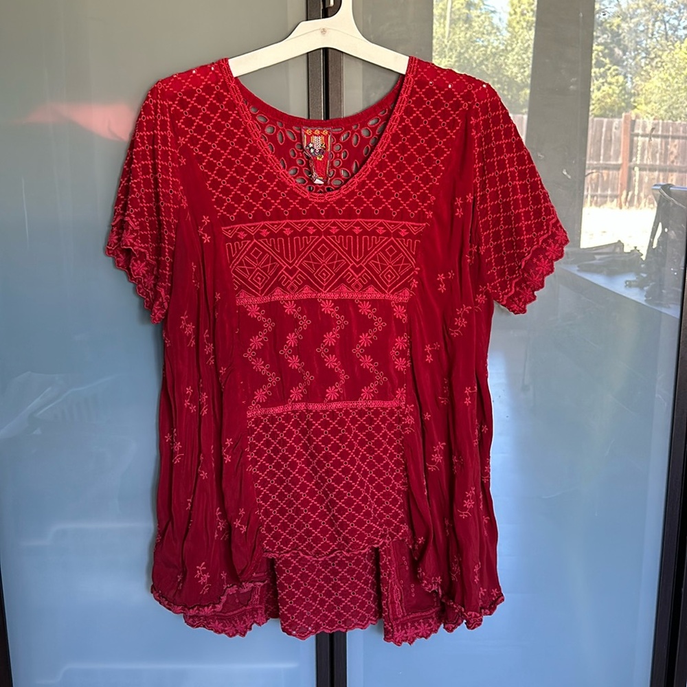 Johnny Was Red Embroidered Short Sleeve Top